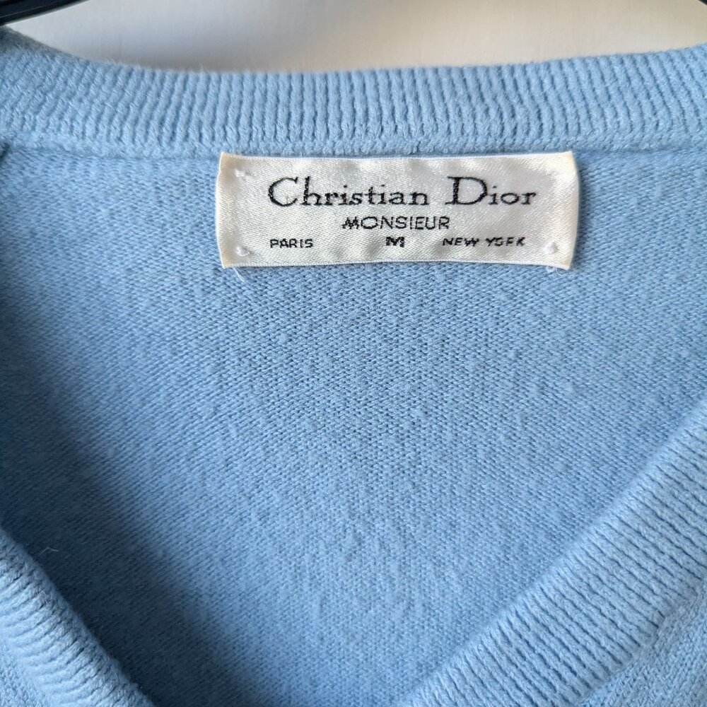 Vintage 70s Christian Dior Powder Baby Blue V Neck Sweater Size Medium - Picture 3 of 9